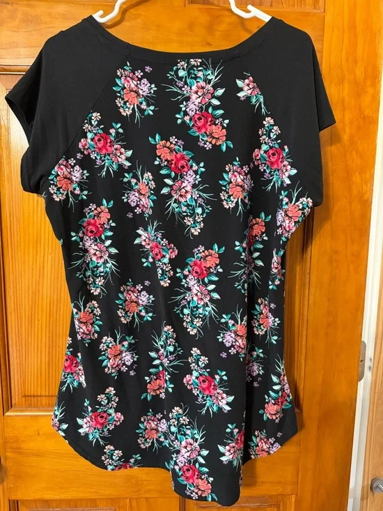 just be Black Floral Raglan Tee with Pink and Teal Blooms - Picture 2 of 3